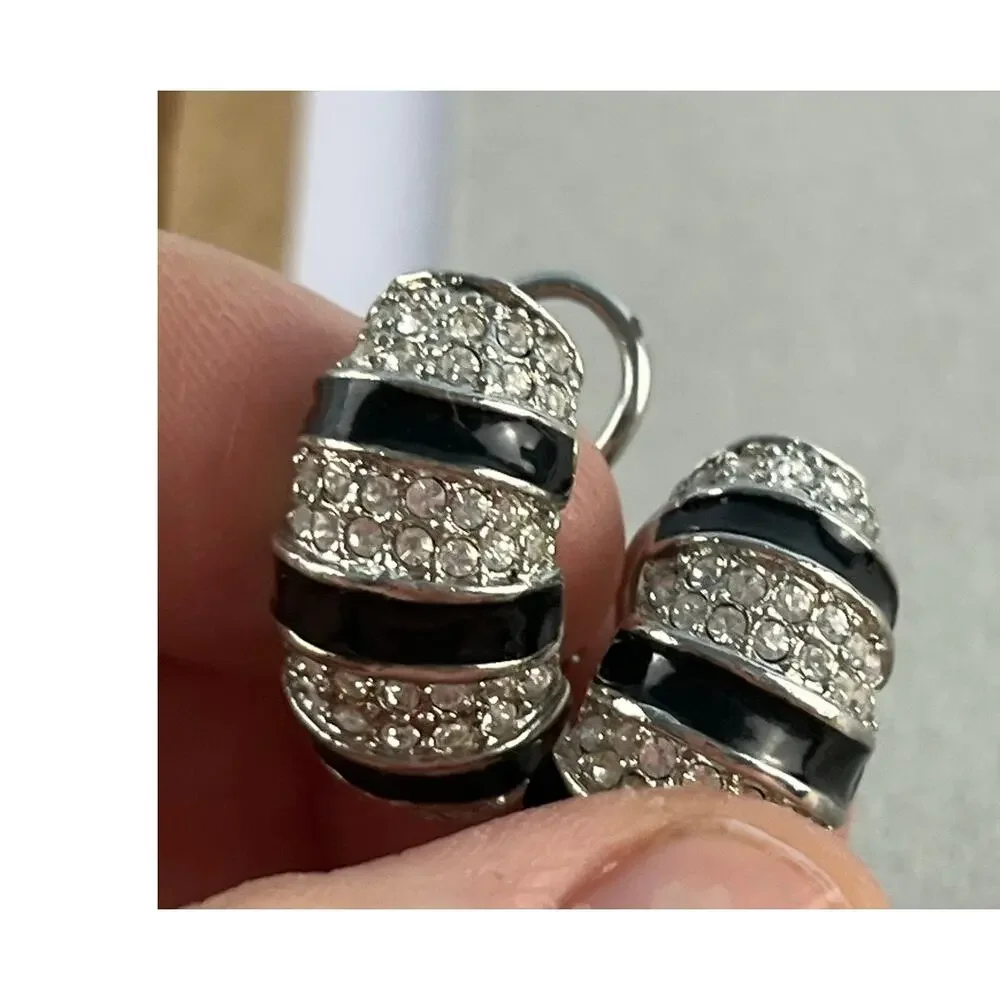 VTG 80s Black Enamel Rhinestone Half Hoop Omega Back Earrings Silver Tone Glam